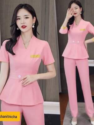 ชุดร้านเสริมสวย ชุดคลินิกความงาม ชุดนวดสปา ชุดพนักงานต้อนรับ สีชมพู สีกรมท่า