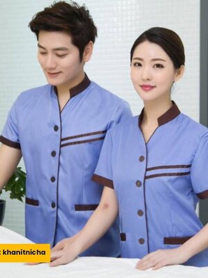 เสื้อแม่บ้าน ชุดพนักงานทำความสะอาด เบลบอย แขนสั้น สีเทา สีเบจ สีฟ้า