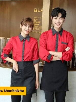 ชุดพนักงานเสริฟร้านอาหาร ชุดพนักงานร้านกาแฟ แขนยาว สีดำ สีแดง สีเขียว