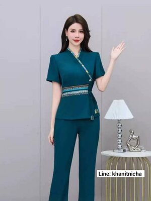 ชุดนวดสปา ชุดเสริมสวย ชุดพนักงานซาวน่า ต้อนรับ สีเขียวอมฟ้า S-5XL