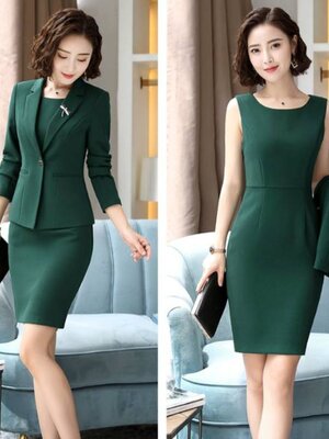 ชุดสูทกระโปรงสีเขียว สีดำ ชุดออฟฟิศ ชุดพนักงานต้อนรับโรงแรม ชุดพนักงานคลินิกความงาม