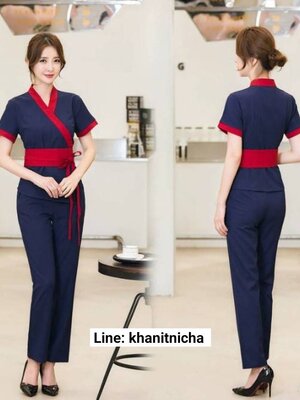 ชุดนวดสปา โรงแรม รีสอร์ท ชุดซาวน่าเสริมสวย สีกรมขลิบแดง