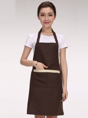 ผ้ากันเปื้อนสีพื้นมีขลิบตรงกระเป๋า ผ้ากันเปื้อนสีส้ม สีน้ำตาล สีแดง สีเขียว