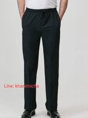 กางเกงทำงานพนักงานเสิร์ฟร้านอาหารชายหญิง สีดำ เอวยางยืดรูดปรับความยาวได้ กางเกงทำความสะอาดโรงแรม