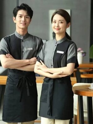 ชุดพนักงานร้านกาแฟ ร้านอาหาร ชุดพนักงานเสริฟ สีเทาดำ แขนสั้น